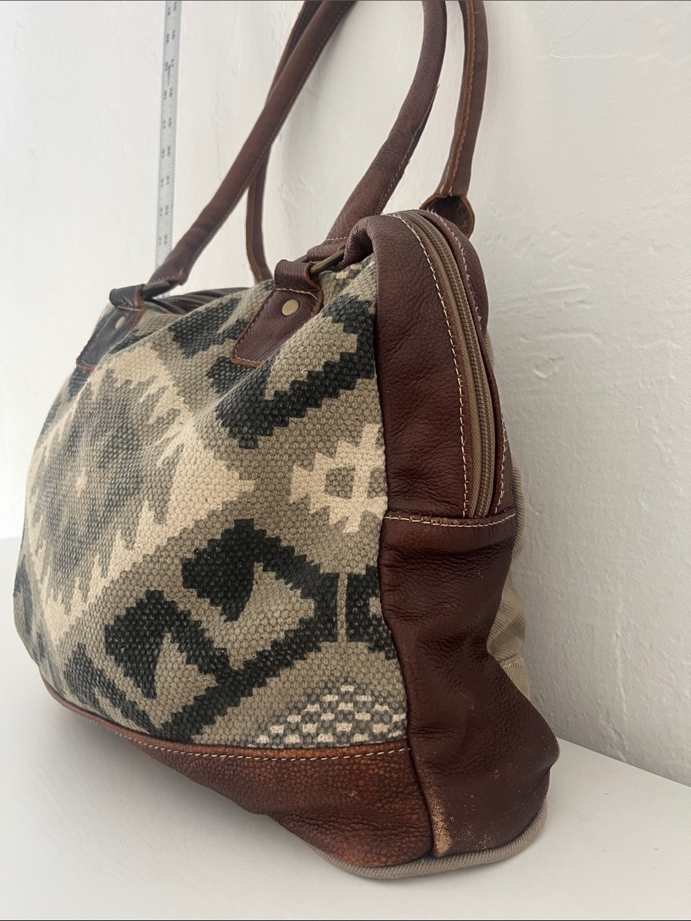 Myra Bag Brown Leather Messenger with Printed Lining and long handles - Picture 4 of 6